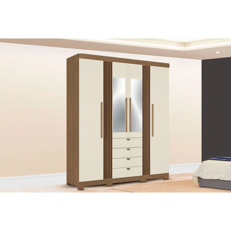 Guarda Roupa Casal 4 Portas (2 c/ Espelho) e 4 Gavetas c/ Pés Aurora 4.4 Jatoba/Areia - Santos Andirá