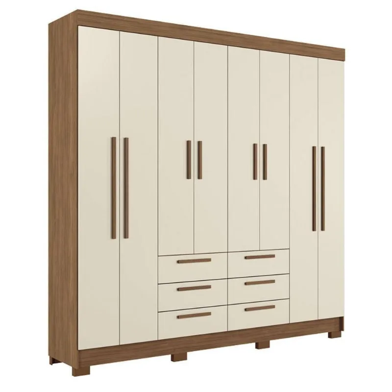 Guarda Roupa Casal Paranavai 8 Portas de Bater 6 Gavetas MDF-MDP Jatobá Areia Acetinado Santos