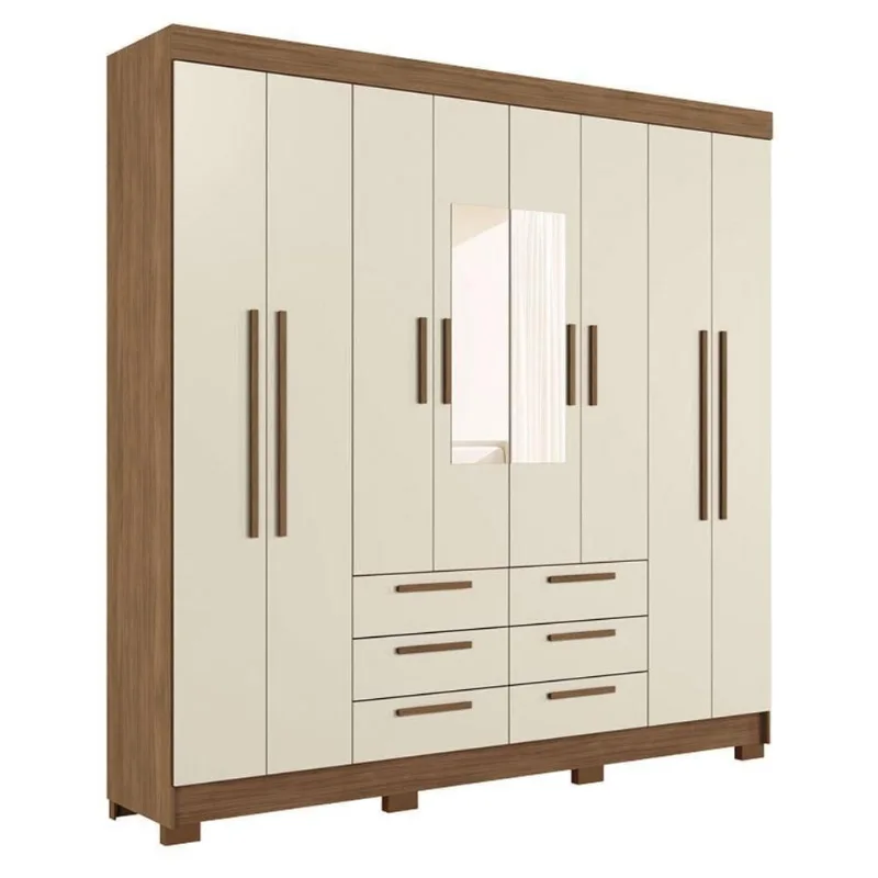 Guarda Roupa Casal Paranavai 8 Portas de Bater 6 Gavetas MDF MDP com Espelho Jatobá Areia Acetinado