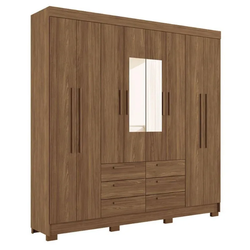 Guarda Roupa Casal Paranavai 8 Portas de Bater 6 Gavetas MDF MDP com Espelho Jatobá Acetinado Santos