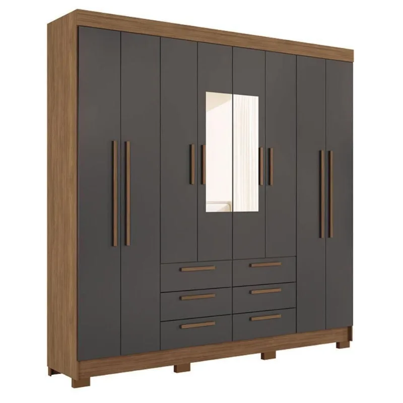 Guarda Roupa Casal Paranavai 8 Portas de Bater 6 Gavetas MDF MDP com Espelho Jatobá Grafite