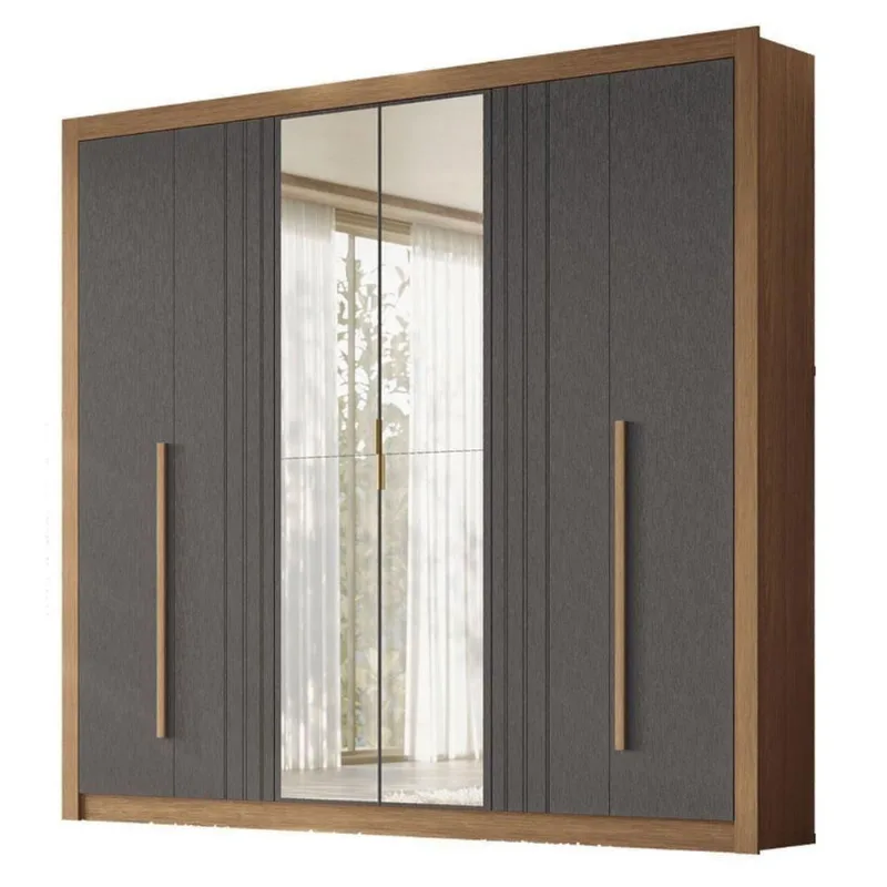 Guarda Roupa Miletto 6 Portas de Bater 3 Gavetas MDF com Espelho Jatobá Grafite Acetinado Santos