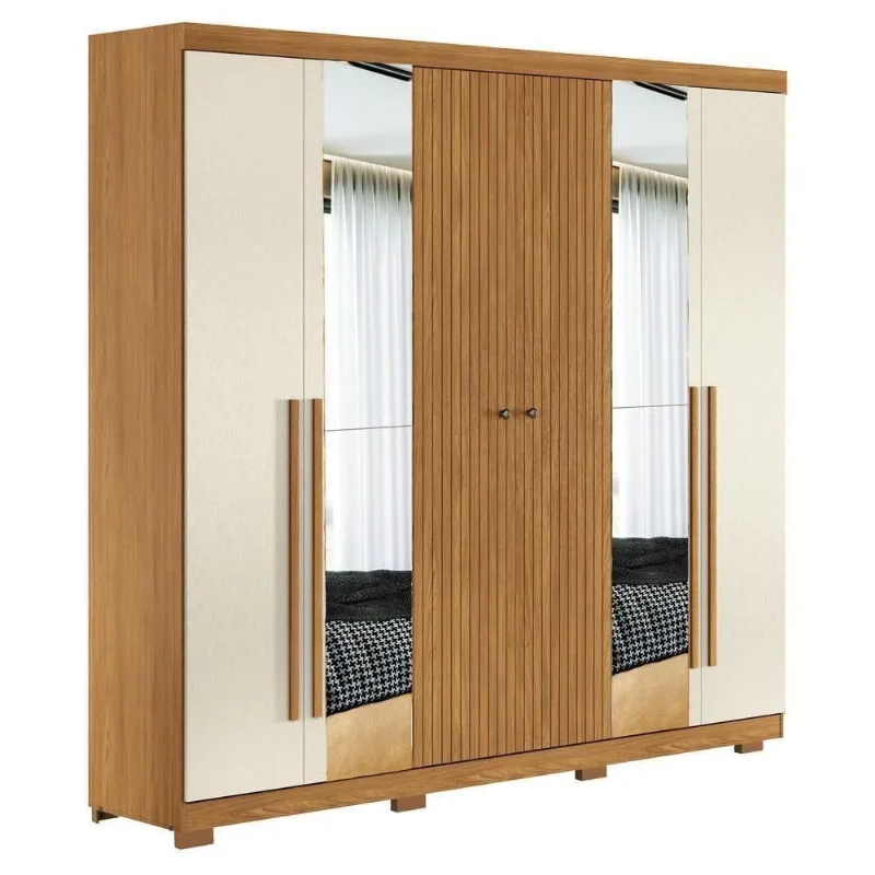 Guarda Roupa Casal Buriti 6 Portas de Bater com Espelho 4 Gavetas MDF-MDP Cinamomo Areia Santos
