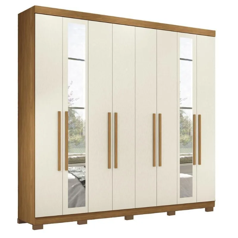 Guarda Roupa Casal Master New 8 Portas 4 Gavetas MDP com Espelho e Pés Cinamomo Areia Santos Andirá