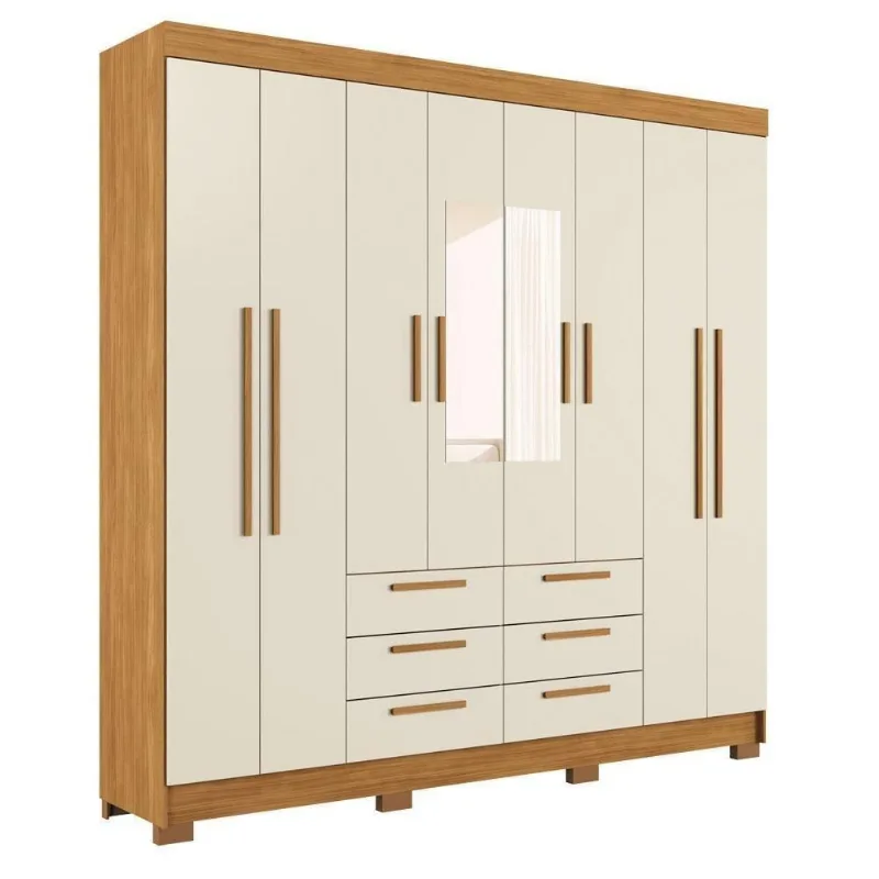 Guarda Roupa Casal Paranavai 8 Portas de Bater 6 Gavetas MDF MDP Cinamomo Areia Santos Andirá 212CM