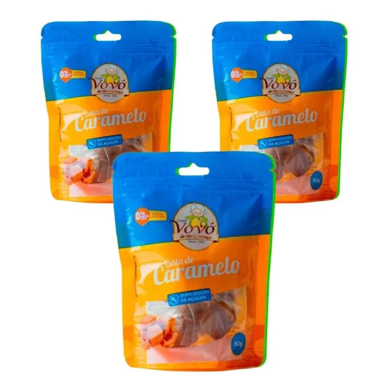 Kit 3 Caramelo Zero Açucar Pct 60g Doces Vovó