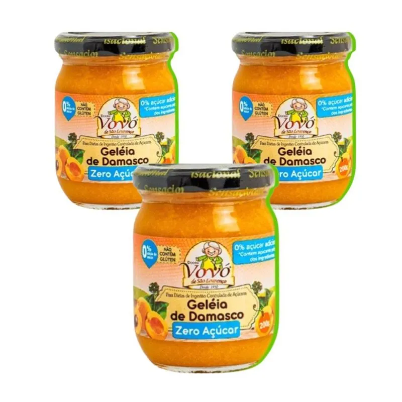Kit 3 Geleia De Damasco Zero Acucar 200g Doces Vovó