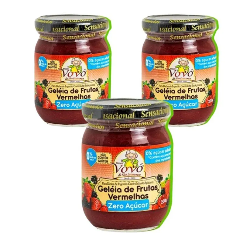 Kit 3 Geleia De Frutas Vermelhas Zero Acucar 200g Doces Vovó