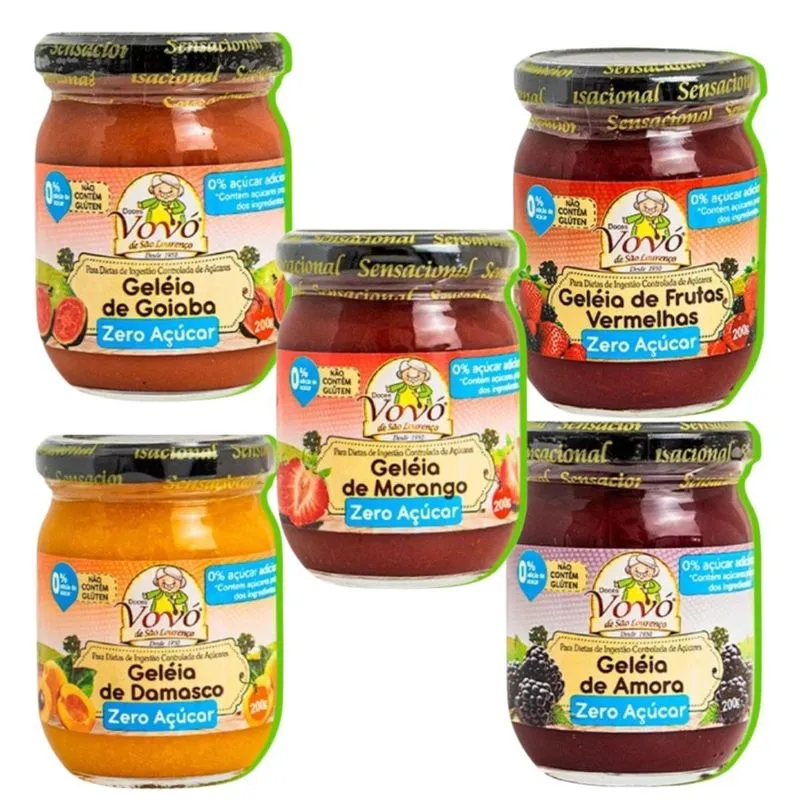 Mix Geleias Vovo Amora Goiaba Damasco Morango Frut Vermelhas