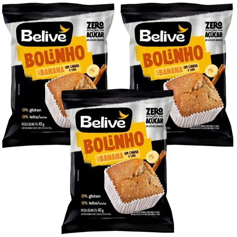 Kit 3 Bolinho Sabor Banana Com Canela E Chia 40g Belive