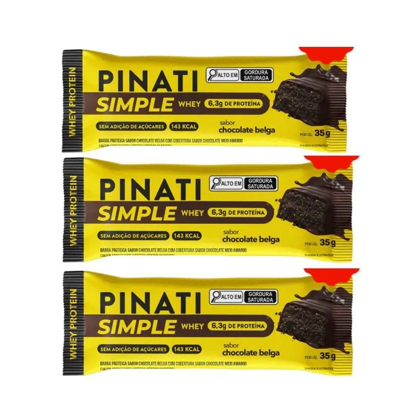 Kit 3 Barra Simple Whey Protein Chocolate Belga 35g Pinati