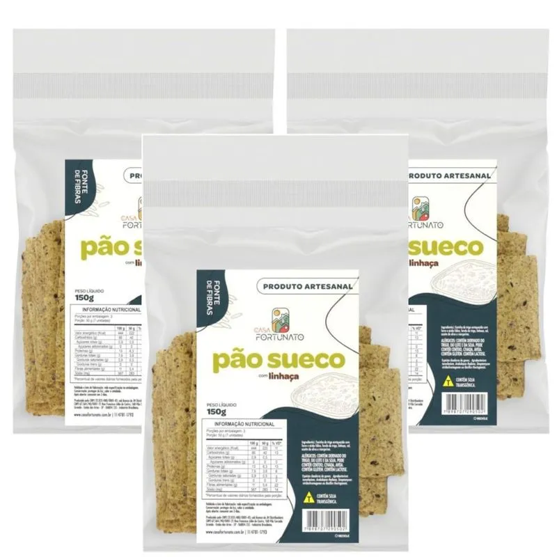 Kit 3 Pão Sueco Com Linhaca Crocante E Saudavel 150g Cs For