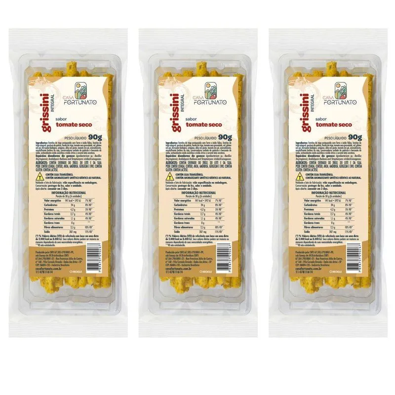 Kit3 Grissini Integral Tomate Seco Crocante Nutritivo 90g Cf