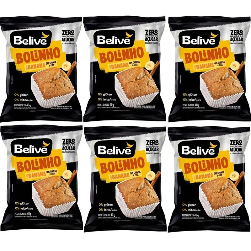 Kit 6 Bolinho Sabor Banana Com Canela E Chia 40g Belive