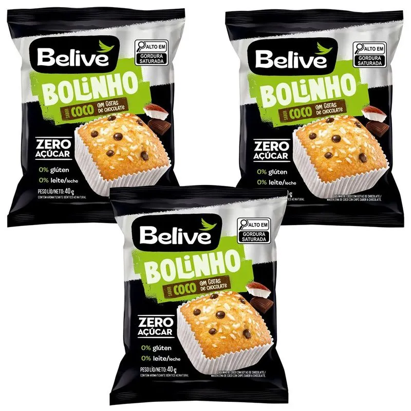 Kit 3 Bolinho Sabor Coco Com Gotas De Chocolate 40g Belive