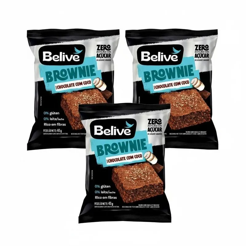 Kit 3 Brownie Sabor Chocolate Com Coco 40g Belive
