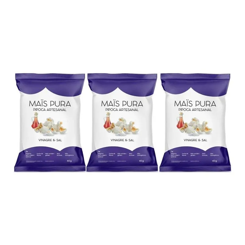 Kit 3 Pipoca Artesanal Veg Sem Trangenicos Vinagre E Sal 40g