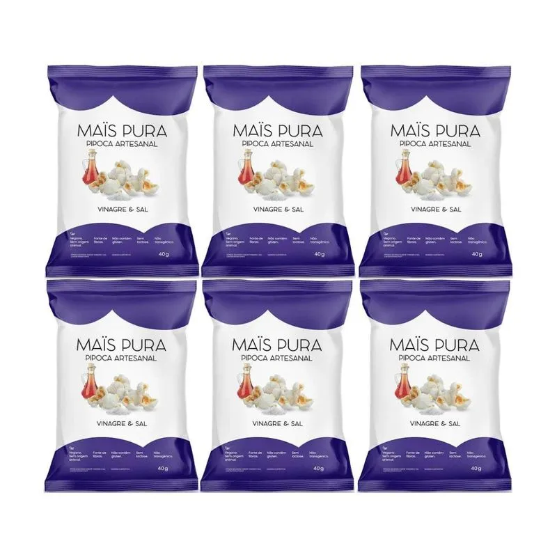 Kit 6 Pipoca Artesanal Veg Sem Trangenicos Vinagre E Sal 40g