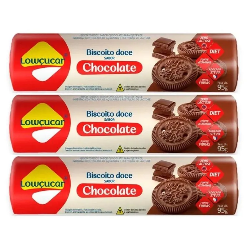 Kit 3 Biscoito Doce Diet Zero Lactose Chocolate 95g Lowçucar