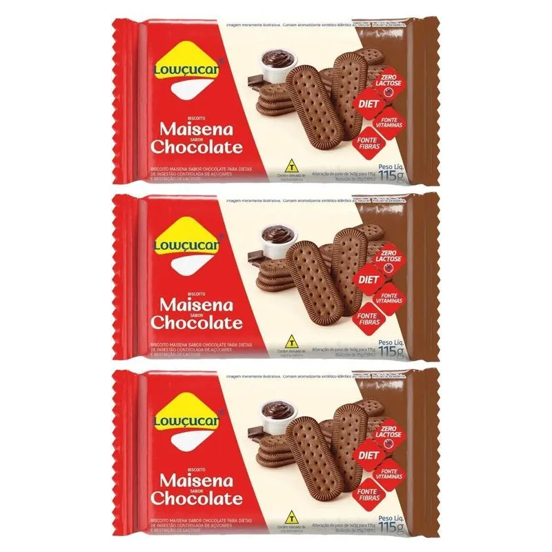 Kit 3 Biscoito Diet Zero Maisena Chocolate 115g Lowçucar