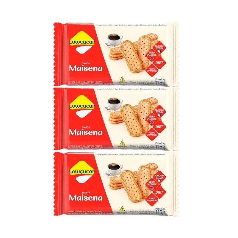 Kit 3 Biscoito Diet Zero Lactose Maisena 115g Lowçucar