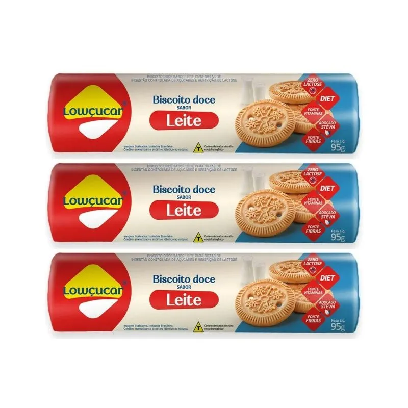 Kit 3 Biscoito Doce Diet Zero Lactose Leite 95g Lowçucar