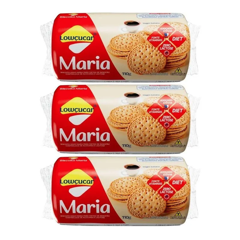 Kit 3 Biscoito Doce Diet Zero Lactose Maria 110g Lowçucar