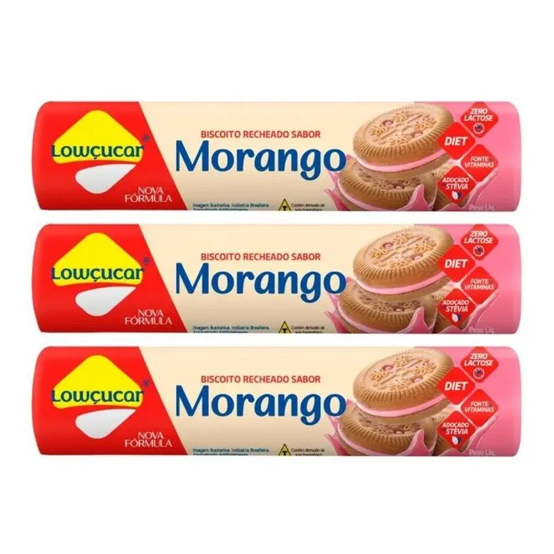 Kit 3 Biscoito Recheado Diet Zero Morango 120g Lowçucar