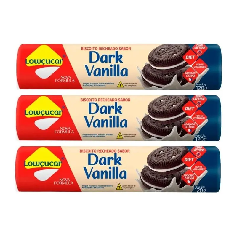 Kit 3 Biscoito Recheado Diet Zero Dark Vanilla 120g Lowçucar