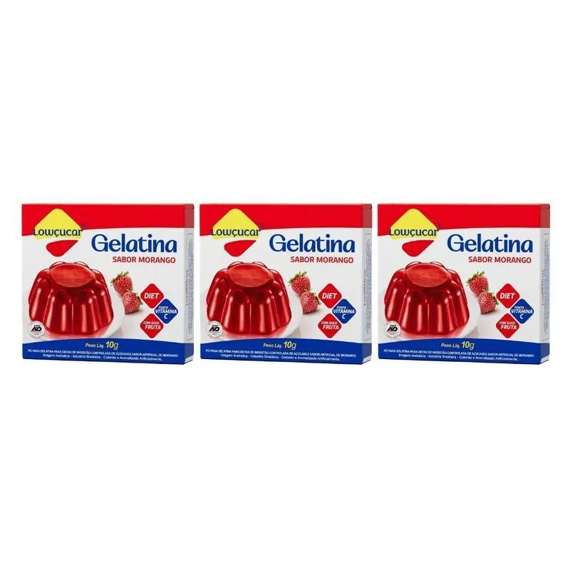 Kit 3 Gelatina Diet Vit C Morango Suco Da Fruta 10g Lowçucar