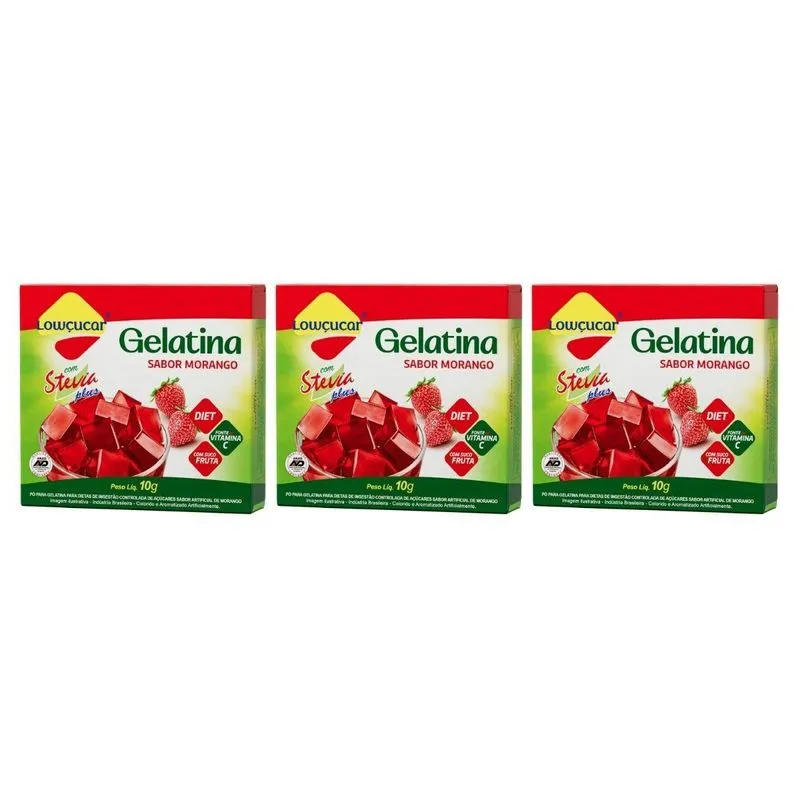 Kit 3 Gelatina Diet Plus Morango Com Stevia 10g Lowçucar