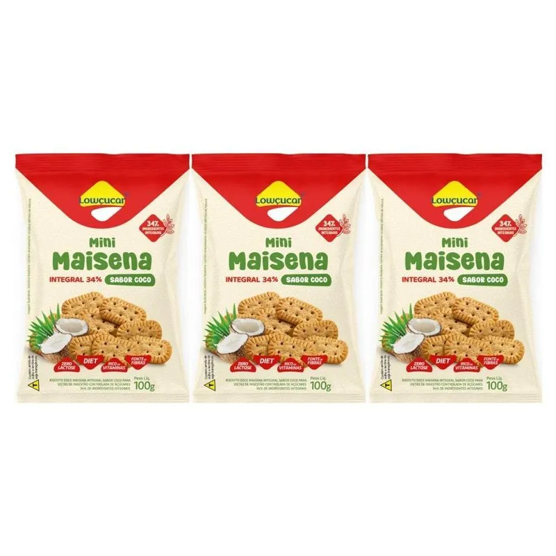 Kit 3 Mini Maisena Diet Zero 34% Integral Coco 100g Lowçucar
