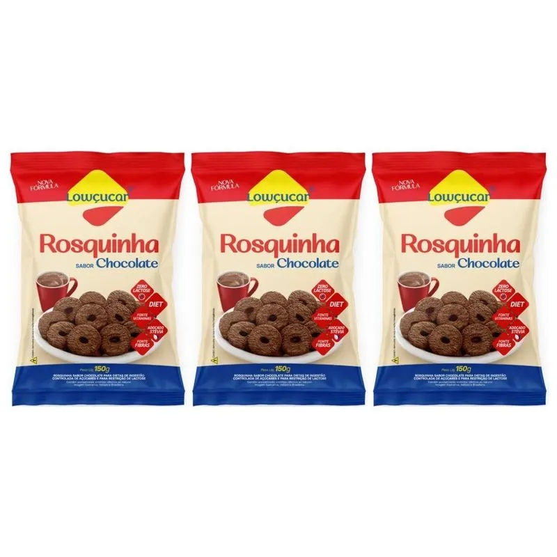 Kit 3 Rosquinha Diet Zero Lactose Chocolate 150g Lowçucar