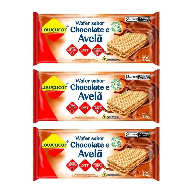 Kit 3 Wafer Veg Diet Zero Chocolate E Avela 115g Lowçucar