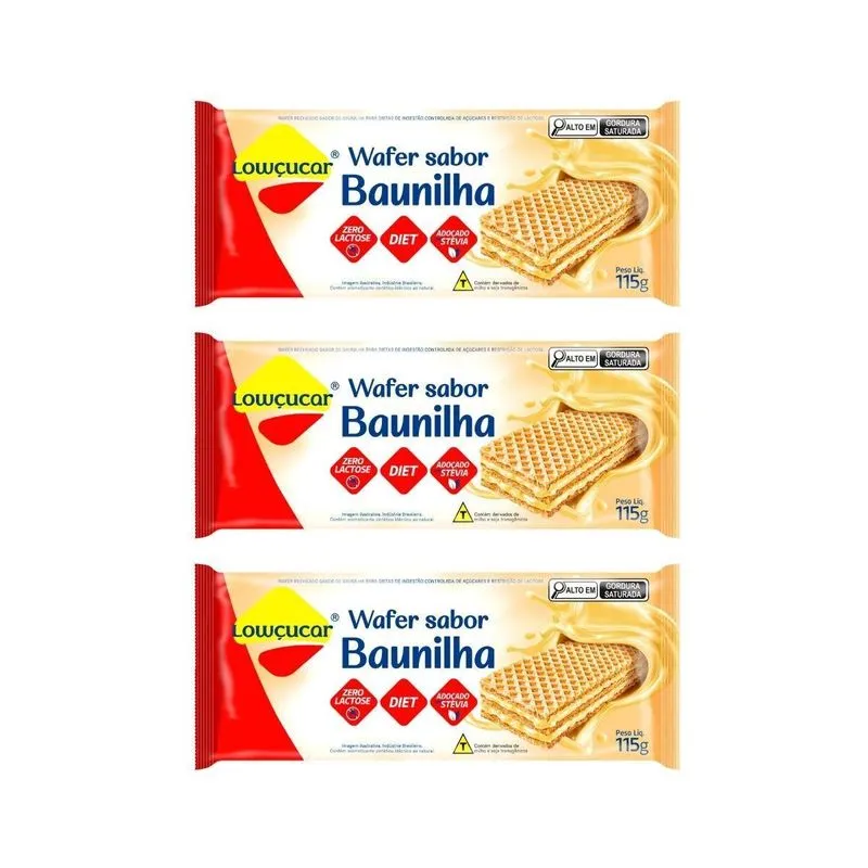 Kit 3 Wafer Diet Stevia Zero Açucar Baunilha 115g Lowçucar