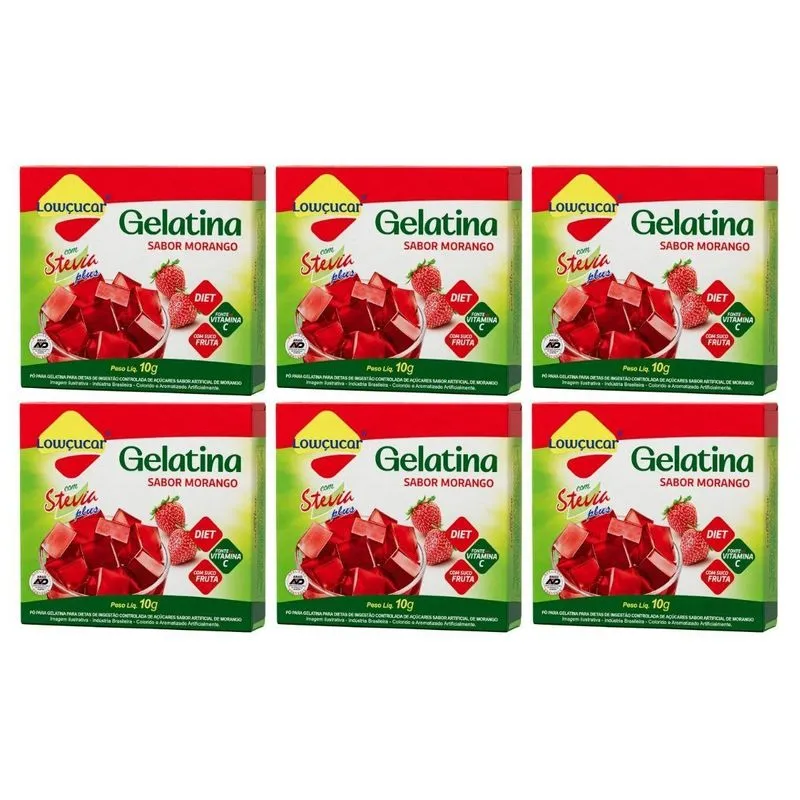 Kit 6 Gelatina Diet Plus Morango Com Stevia 10g Lowçucar