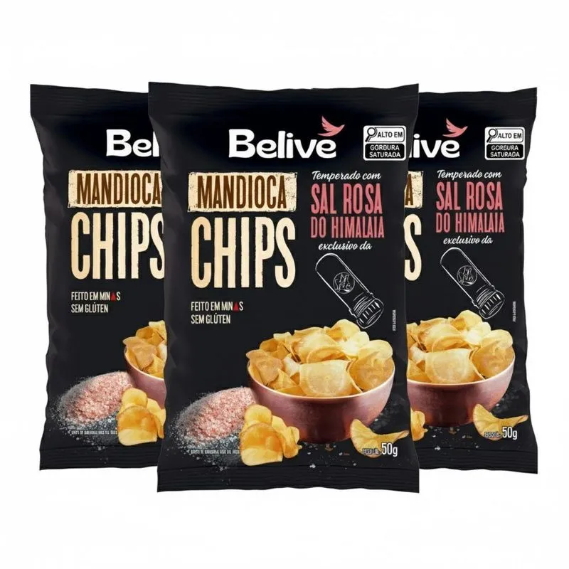 Kit 3 Chips De Mandioca Temp Sal Rosa Do Himalaia 50g Belive