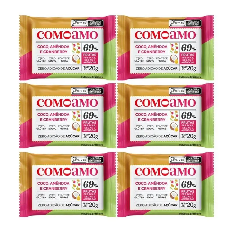 Kit 6 Coco, Amêndoas E Cranberry Zero Açucar 20g Comoamo