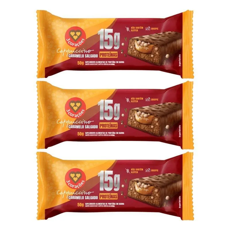 Kit 3 Barra 15g Proteina Cappuccino Caramelo Salgado 50g