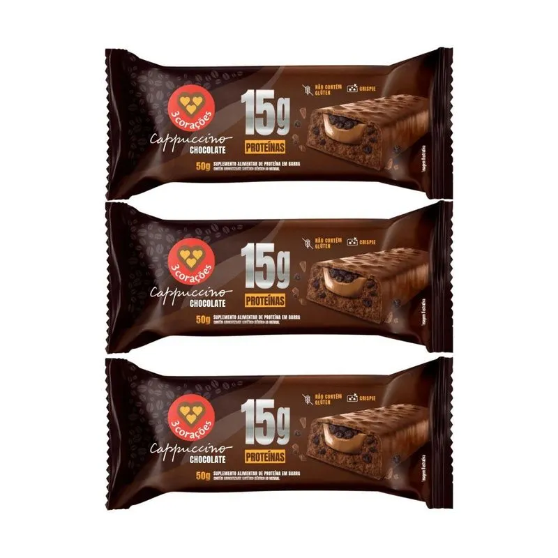 Kit 3 Barra 15g Proteina Cappuccino Chocolate 50g 3corações