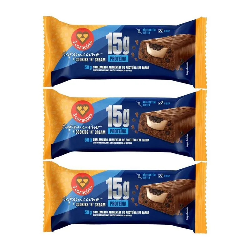 Kit 3 Barra 15g Proteina Cappuccino Cookies Cream 50g