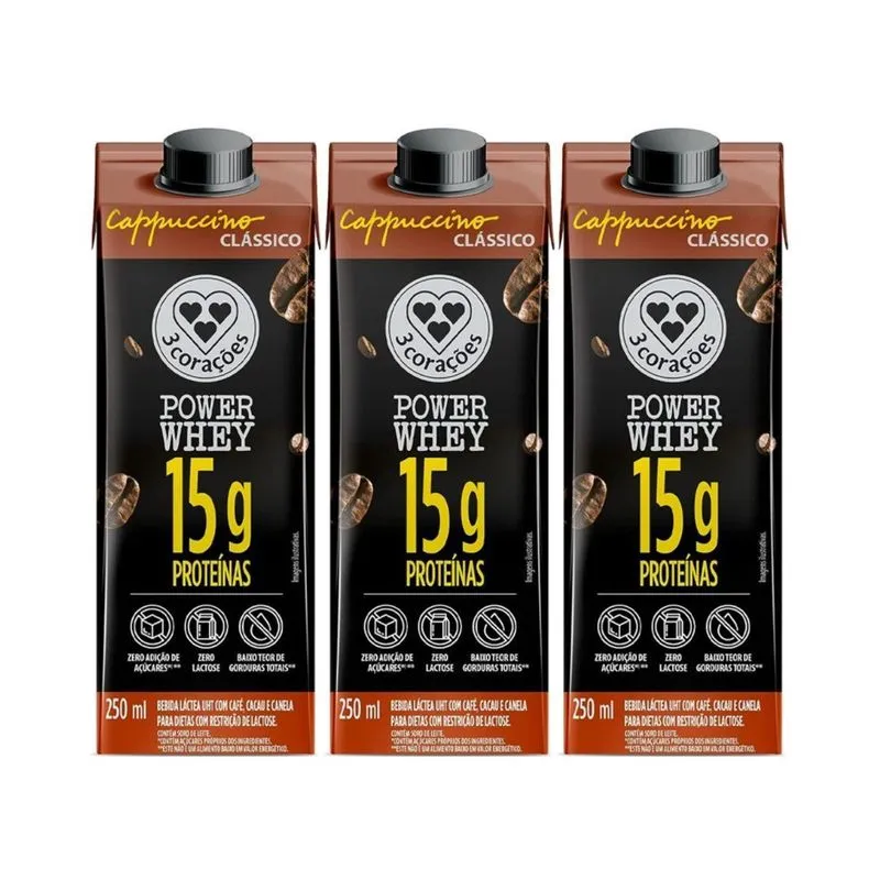 Kit 3 Cappuccino 15g Proteina Power Classico 250ml 3corações
