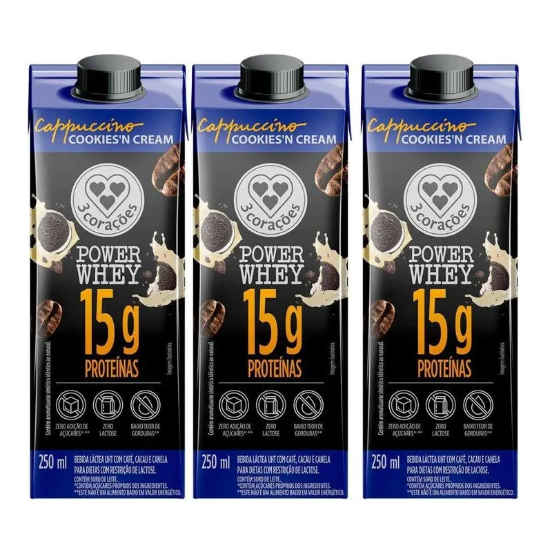 Kit 3 Cappuccino 15g Proteina Power Cookies Cream 250ml