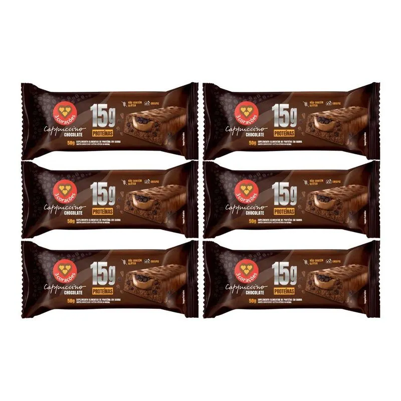 Kit 6 Barra 15g Proteina Cappuccino Chocolate 50g 3corações