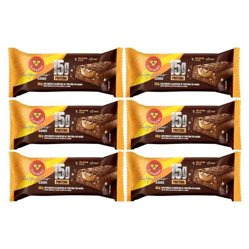 Kit 6 Barra 15g Proteina Cappuccino Classic 50g 3corações