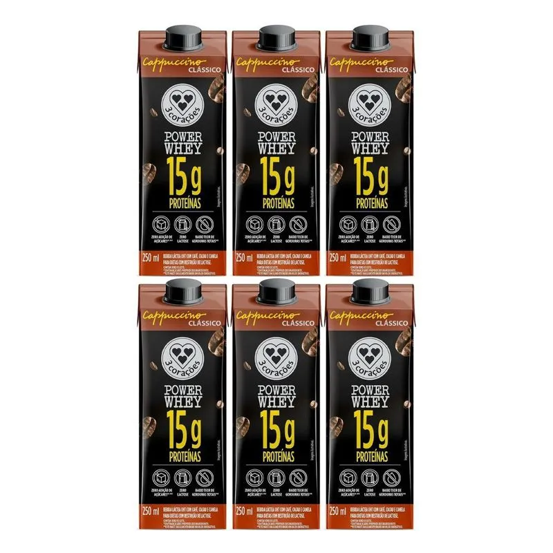 Kit 6 Cappuccino 15g Proteina Power Classico 250ml 3corações