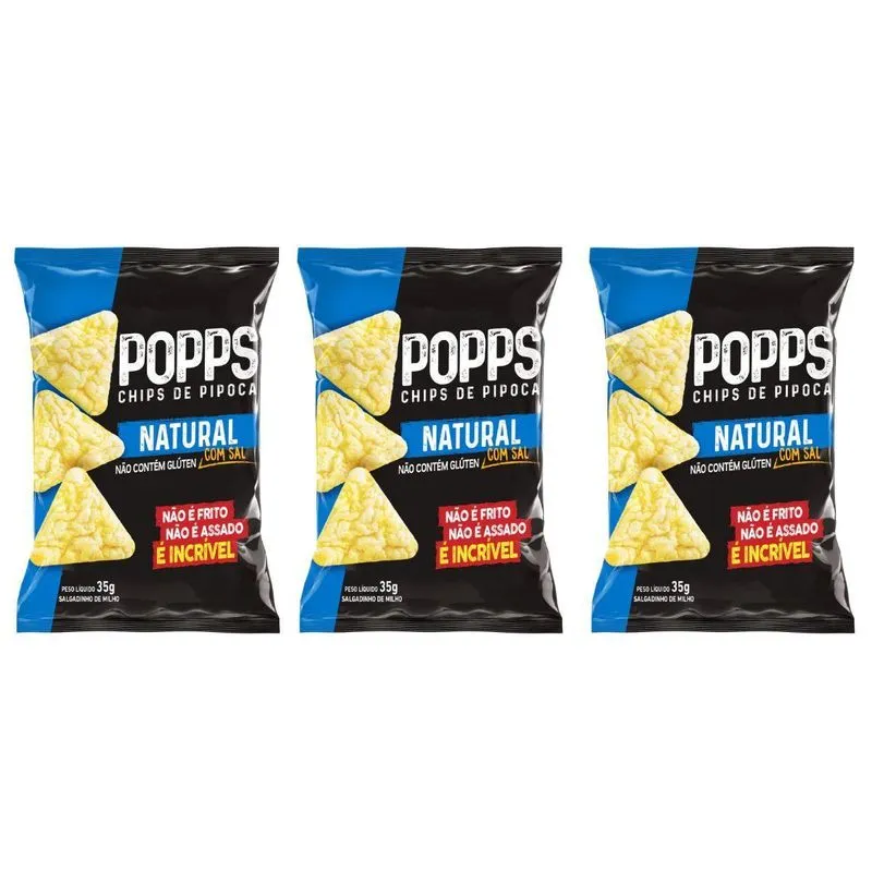 Kit 3 Popps Chips De Pipoca Natural Com Sal 35g Sem Gluten