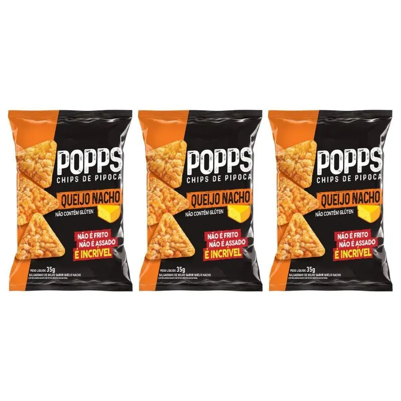 Kit 3 Popps Chips Pipoca Sabor Queijo Nacho 35g Sem Gluten