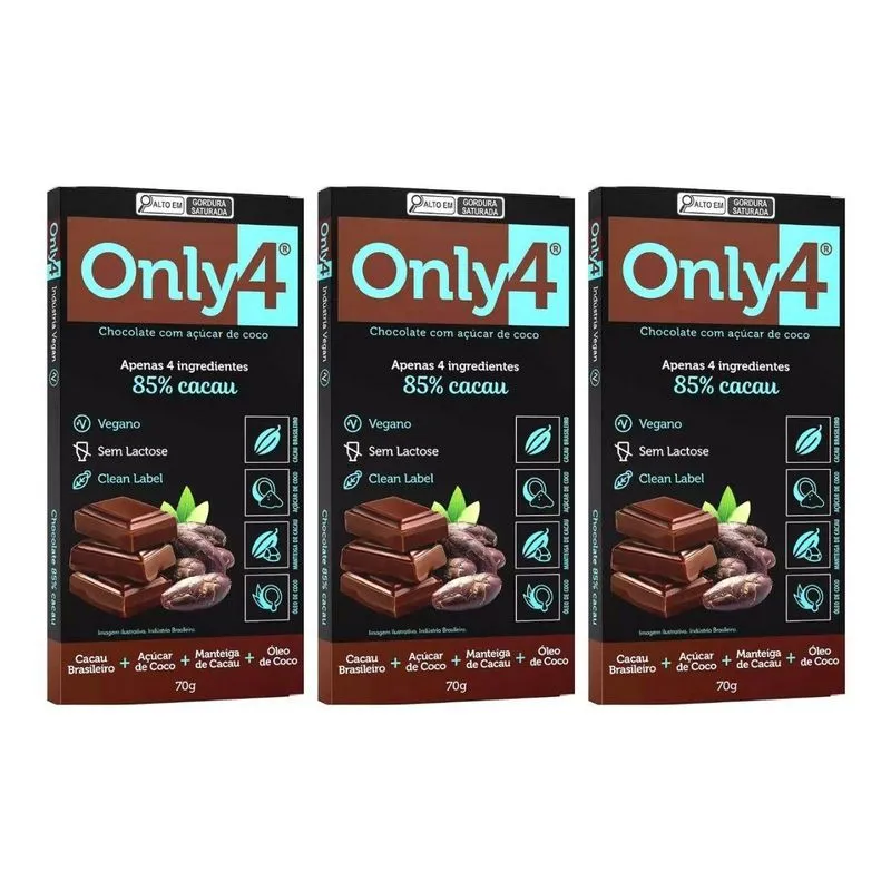 Kit 3 Chocolate Sem Lactose 85% Cacau Vegano 70g Only4