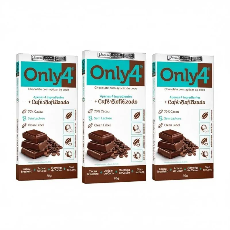 Kit 3 Chocolate Vegano 70% Cacau Café 70g Zero Açucar Only4